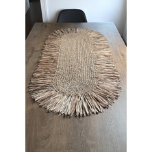Doryan Home Scandinavian - Kağıt Raffia Örgü Püsküllü Saçaklı Oval Dekoratif Runner - 112x55cm Sütlü Kahve
