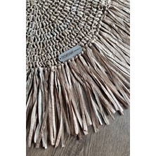 Doryan Home Scandinavian - Kağıt Raffia Örgü Püsküllü Saçaklı Oval Dekoratif Runner - 112x55cm Sütlü Kahve