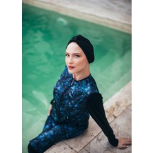 Deep Blue Kadın Uzun Scuba Kumaş Desenli Fermuarlı Tam Kapalı Tesettür Mayo 3'lu Set