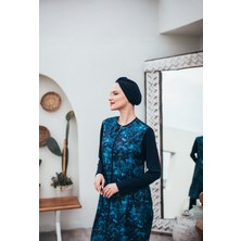 Deep Blue Kadın Uzun Scuba Kumaş Desenli Fermuarlı Tam Kapalı Tesettür Mayo 3'lu Set