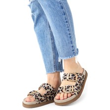 Vandia Kadın Hakiki Deri Çift Toklı Bej Leopar Terlik Deri Kaplamalı Pedli Rahat Taban