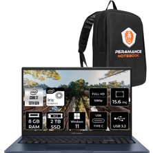 Asus Vivobook 15 Intel Core I7 1355U 8gb 2tb SSD 15.6" Fhd Windows 11 Pro Taşınabilir Bilgisayar & Per4 Çanta X1504VANJ1499P354