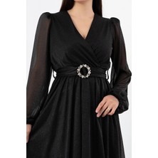 Neşeli Butik Kadın Kemer ve Vatka Detaylı Simli Midi Elbise RYMY3590