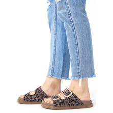 Hakiki Deri Kadın Terik Vizon Leopar Desen Çift Toklı Terlik Vandia