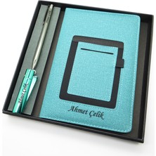 Signator® Codex | N128 Kişiye Özel Defterli Set - Isme Özel Gümüş Kalem + Isme Özel Turkuaz Defter + Isme Özel Çakmak| Isme Özel Kutusunda Hediyelik Set