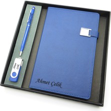 Signator® Codex | N120 Kişiye Özel Defterli Set - Isme Özel Mavi Kalem + Isme Özel Mavi Defter + Isme Özel USB Bellek| Isme Özel Kutusunda Hediyelik Set