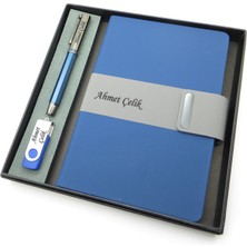 Signator® Codex | N382 Kişiye Özel Defterli Set - Isme Özel Mavi Kalem + Isme Özel Mavi Defter+ Isme Özel 32 GB USB Bellek | Isme Özel Kutusunda Hediyelik Set