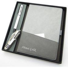 Signator® Codex | N182 Kişiye Özel Defterli Set - Isme Özel Beyaz Kalem + Isme Özel Gri Defter + Isme Özel Gümüş Çakı | Isme Özel Kutusunda Hediyelik Set
