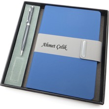 Signator® Codex | N220 Kişiye Özel Defterli Set - Isme Özel Siyah Kalem + Isme Özel Mavi Defter | Isme Özel Kutusunda Hediyelik Set
