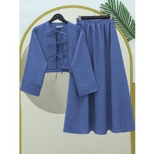 Önü Bağcıklı Beli Lastikli Etekli Keten Takım