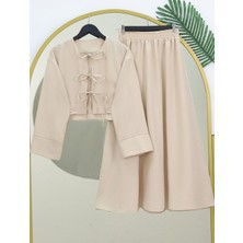 Önü Bağcıklı Beli Lastikli Etekli Keten Takım