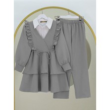 Önü Fırfırlı Bağcıklı Eteği Katlı Pantolonlu Kimono Takım