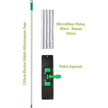 Mediterian Mavi-beyaz mikrofiber peluş saplı temizlik mopası, 50 cm, set, TR menşei