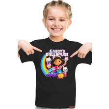 Gabby's Dollhouse Desen Baskılı Çocuk Unisex Siyah ve Beyaz Tshirt