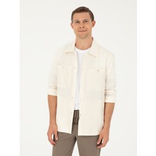 Cacharel Erkek Ekru Regular Fit Keten Karışımlı Cepli Ceket Gömlek 50285343-VR019