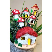 5li Mantar Saksı Süsü ve 1 Dağ Evi - Elyapımı Taş Süsler  -Teraryum Malzemesi - Bahçe Balkon Süsü