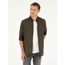 Cacharel Erkek Koyu Haki Regular Fit %100 Keten Gömlek 50284823-VR111