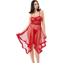 Kırmızı Petli Tül Şifon Gecelik - 229