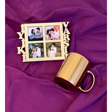 Giftmoda İyiki Varsın 4 Fotoğraf Standlı Mdf Gold Çerçeve Ve Gold Kupa Set