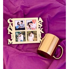 Giftmoda Canım Aşkım 4 Fotoğraf Standlı Mdf Gold Çerçeve Ve Gold Kupa Set