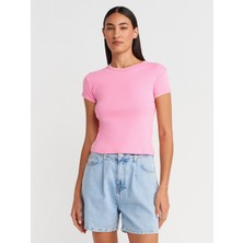 31750 Kontrast Kısa Kollu Tshirt-Pembe