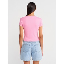 31750 Kontrast Kısa Kollu Tshirt-Pembe
