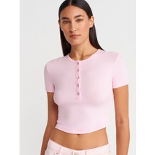 31647 Düğme Detaylı Crop Top-Açık Pembe