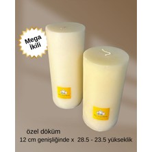 Fu Glowıs El Dökümü Mega Boy 2’li Silindir Mum – Dekoratif Eskitme Tarzı | Krem | 12X 23.4–28.5 cm