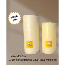 Fu Glowıs El Dökümü Mega Boy 2’li Silindir Mum – Dekoratif Eskitme Tarzı | Krem | 12X 23.4–28.5 cm