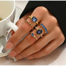 Takıtolia Clair - Gold Altın Renkli Kristal Lacivert Taşlı Şık Modern Bohem 5 Parça 5'li Yüzük Seti