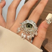 Takıtolia Devil Şeytan Gözlü Silver Gümüş Renkli Sır Inci Püsküllü Bohem Vintage Ayarlanabilir Yüzük