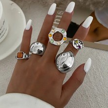 Takıtolia Zenya- 5'li Mavi Turuncu Taşlı Şık Tasarım Vintage Çoklu Gümüş Silver Bohem Yüzük Seti