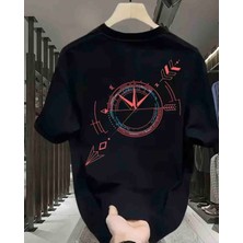 Kırmızı Mavi Pusula Baskılı Özel Tasarım Oversize Tshirt