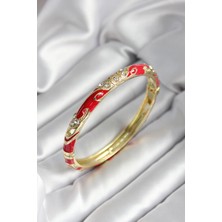 Shopzum Mineli Pirinç Kırmızı Çiçek Desenli Zirkon Taşlı Gold Renk Kadın Kelepçe