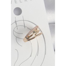 Shopzum Pirinç Gold Renk Zirkon Taşlı 3'lü Sıralı Model Kadın Kıkırdak Küpe