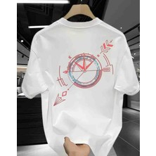 Kırmızı Mavi Pusula Baskılı Özel Tasarım Oversize Tshirt