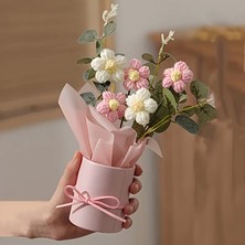 El Yapımı Örgü Buketi Pembe Vazo ile - 5 Örgü Çiçeği, Peluş, Taşıma Çantası  ve Dekoratif Kurdele Dahil 20 cm