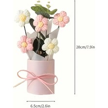 El Yapımı Örgü Buketi Pembe Vazo ile - 5 Örgü Çiçeği, Peluş, Taşıma Çantası  ve Dekoratif Kurdele Dahil 20 cm