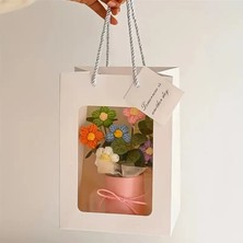 El Yapımı Örgü Buketi Pembe Vazo ile - 5 Örgü Çiçeği, Peluş, Taşıma Çantası  ve Dekoratif Kurdele Dahil 20 cm