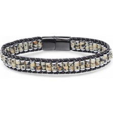 Dalmaçya Jasper & Hematit Çelik Örgülü Deri Bileklik