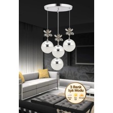 Kelebek 4'lü Gümüş Sarkıt 3 Renk Kademeli Ledli Kristal Taşlı Modern LED Avize