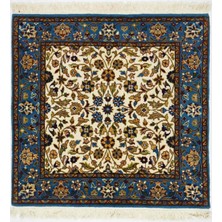 Iran El Dokuma Kare Krem ve Mavi Renk Yün Halı 100X100 cm (1 M²)