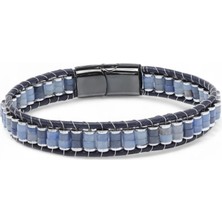 Mavi Aventurin & Hematit Çelik Örgülü Deri Bileklik