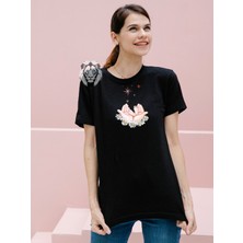 Anne ve Bebek Logo Baskılı Kadın T-Shırt Siyah