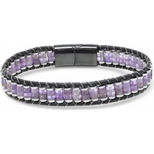 Ametist & Hematit Çelik Örgülü Deri Bileklik