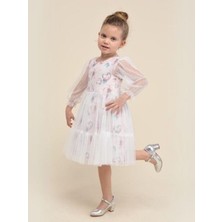 Kız Çocuk Kolları Puanlı Tül Detaylı Çiçek Desenli Abiye Elbise