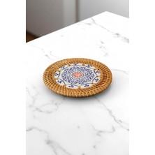 Ocean Point Doğal Rattan Örgü 6'lı El Işlemeli Seramik Bardak Altlığı Seti, Yuvarlak Masa Koruyucu, 10 cm