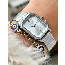 Ferrucci Dikdörtgen Kasa Hasır Kordon Kadın Kol Saati+Bileklik