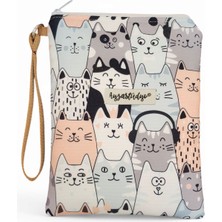 Cute Cats Desenli Portföy Makyaj Çantası - Kalemlik - Çok Amaçlı Çanta (23X16 Cm)