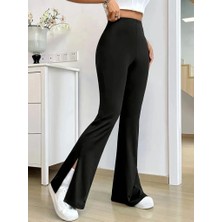 Kadın Yüksek Bel Paçaya Doğru Genişleyen Yandan Yırtmaçlı Dalgıç Pantolon